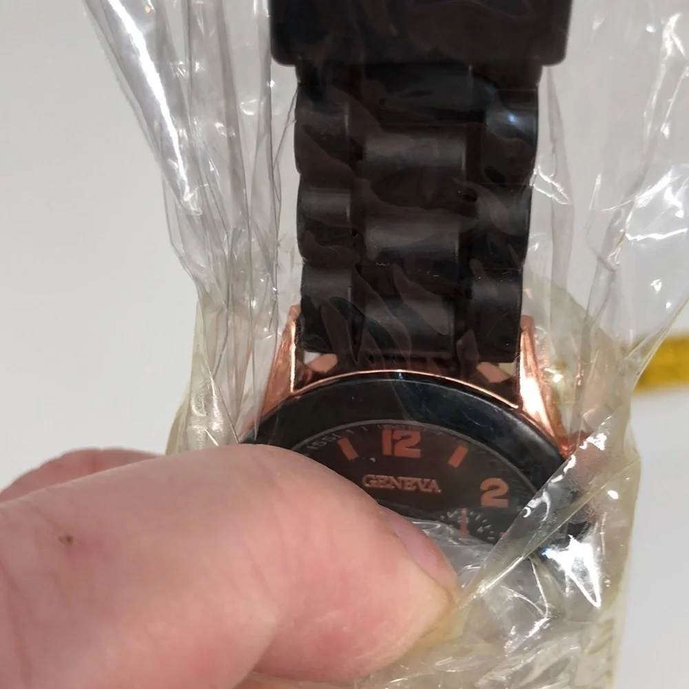 Women’s Wrist Watch Black Band Silver Clasp and Rosy Gold Tone Around Face